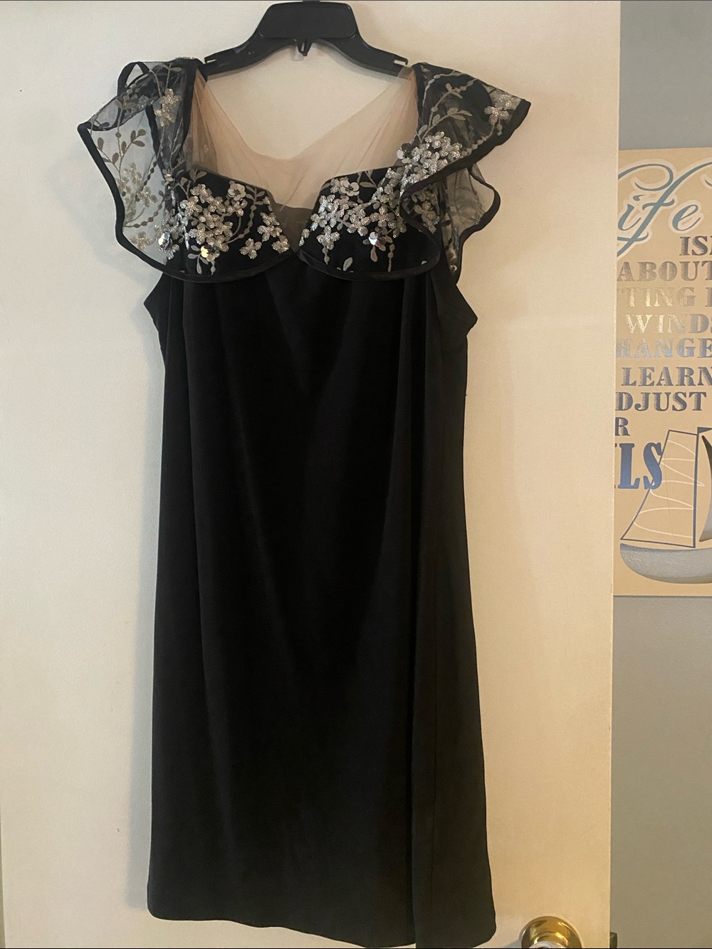 Black Midi Dress with Embroidered Sheer Ruffle Collar